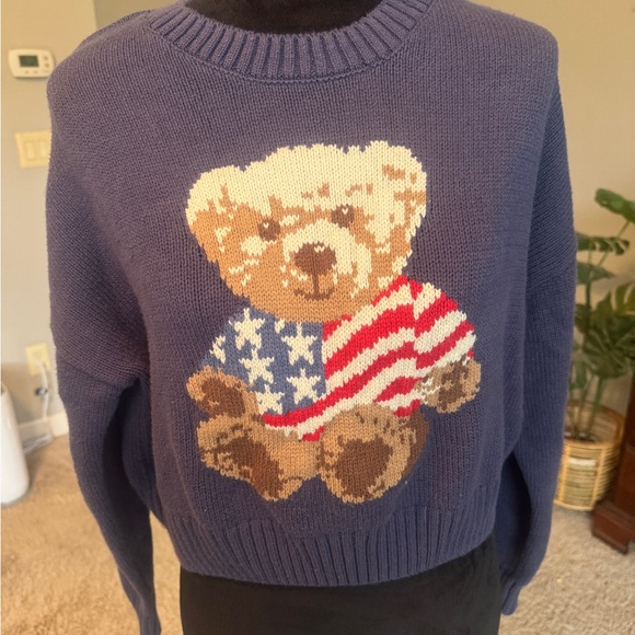 Grayson Threads Sweaters - Grayson Threads Cropped style teddy bear knit sweater, blue and white womens XL